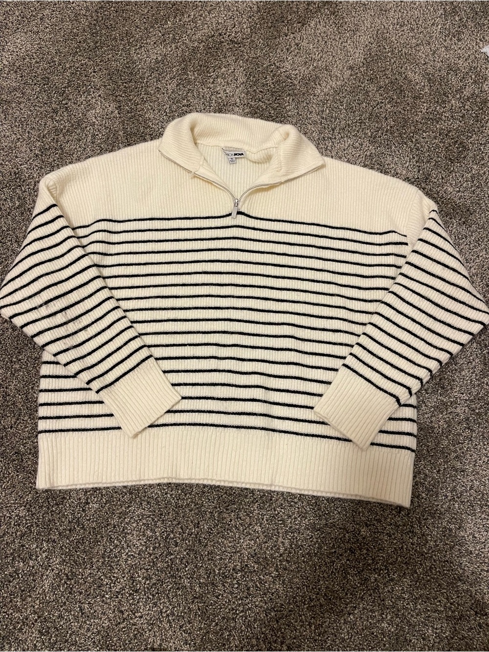 Fashion Nova Cream & Black Striped Half-Zip Turtleneck Sweater